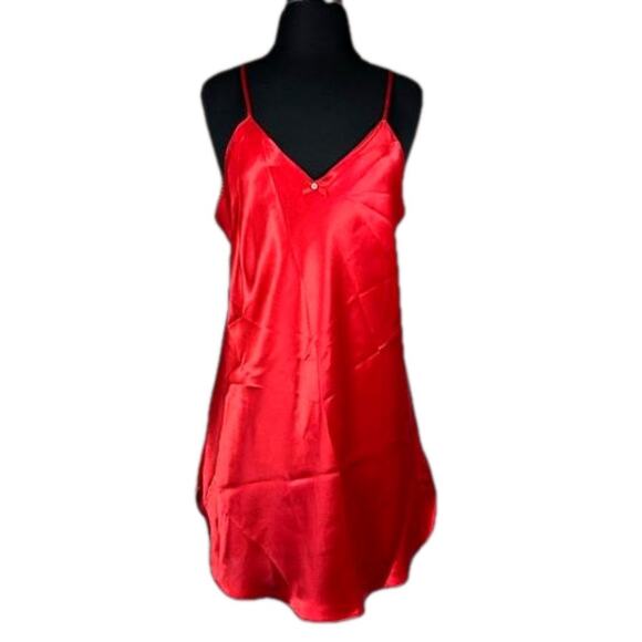 Intimate Affair California Vintage Red Satin Chemise Nightgown Bow w Pearls Sz M - Picture 1 of 15